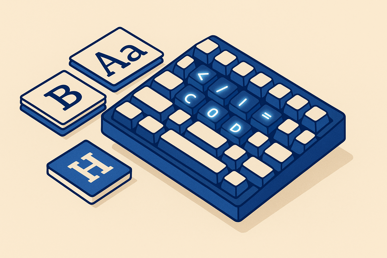 An isometric illustration of a mechanical keyboard with glowing code characters on its keys, surrounded by floating monospace font specimen cards in blue and cream.