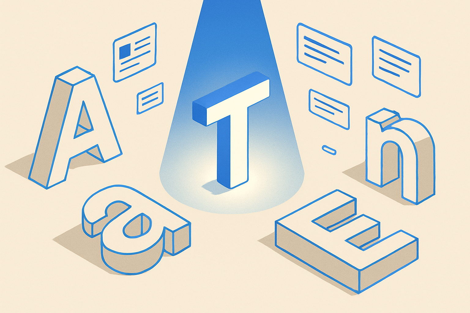 Isometric illustration of large sans-serif letterforms on a cream background with a blue accent light, surrounded by small floating landing page card mockups.