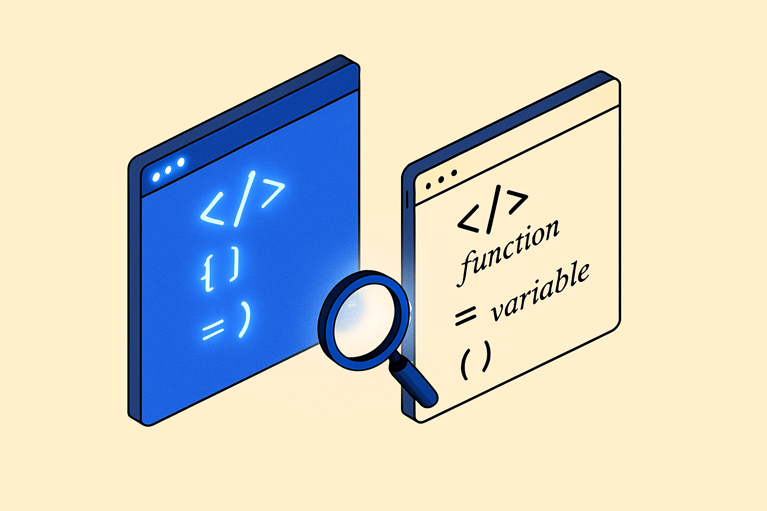Two isometric code editor windows floating side by side, one highlighting programming ligatures and one showing structured letterforms with italic variants, set on a cream background with blue accents.