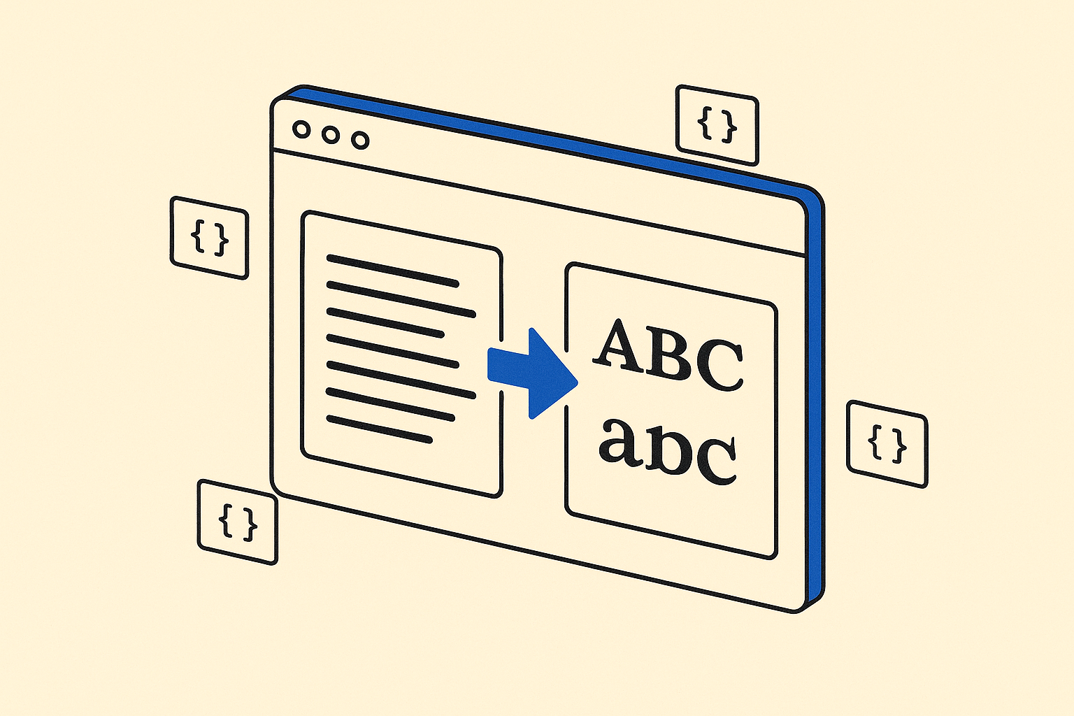 Isometric browser window showing two text blocks mid-swap from a fallback system font to a custom font, with a blue arrow indicating the transition.