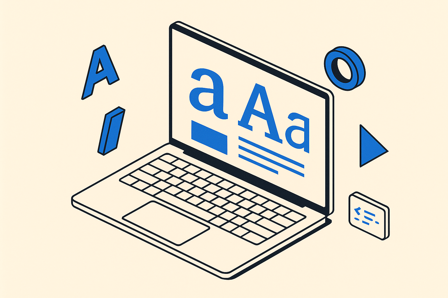 Isometric illustration of a laptop displaying Geist font specimens in blue, surrounded by floating geometric letterforms on a cream background.