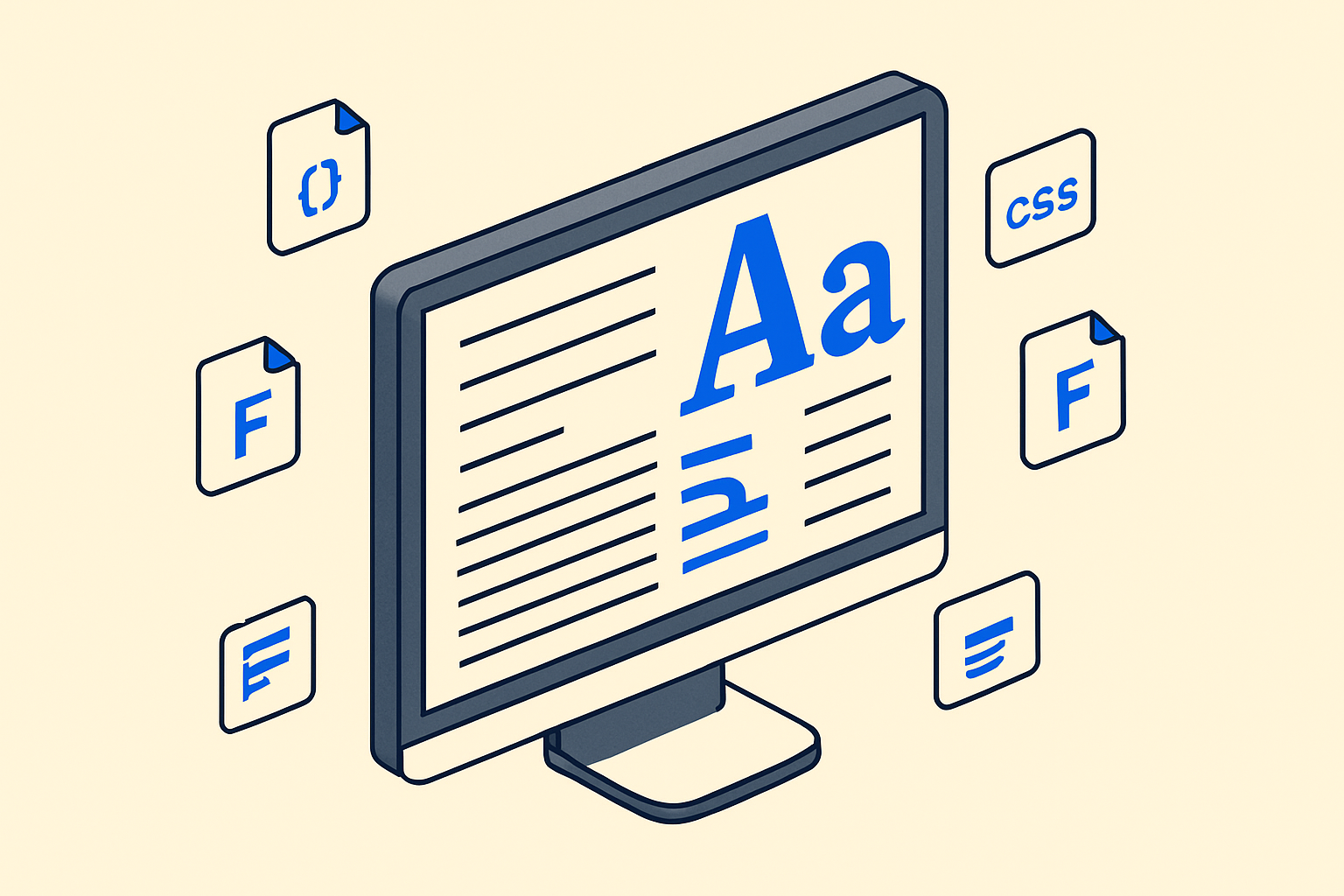 An isometric illustration of a monitor showing crisp typographic hierarchy with blue accent letterforms on a cream background, surrounded by floating font and code file icons.