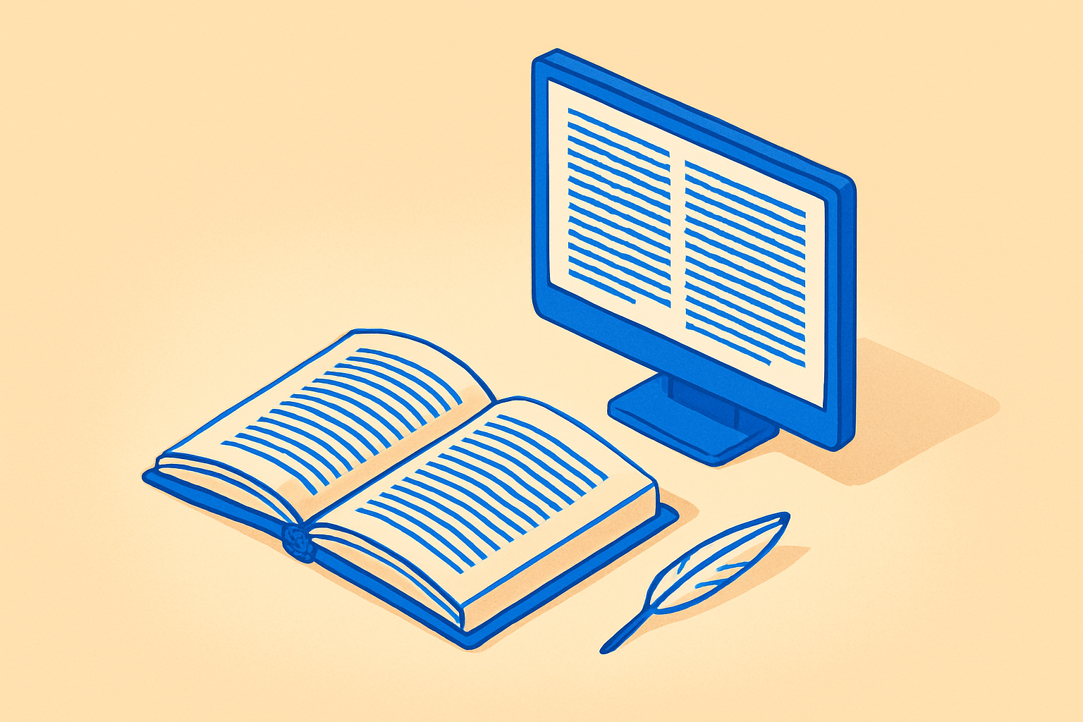 Isometric illustration of a book and monitor side by side displaying serif body text, with blue accent letterforms on a cream background.