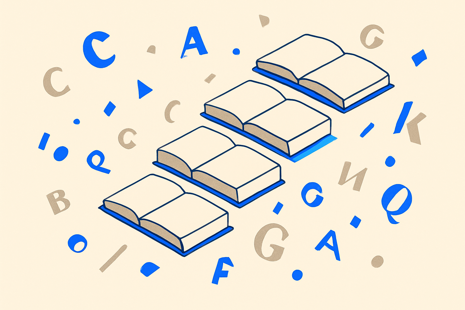 Five open books arranged in an isometric staircase pattern with blue glowing spines and floating letterform details on a cream background.