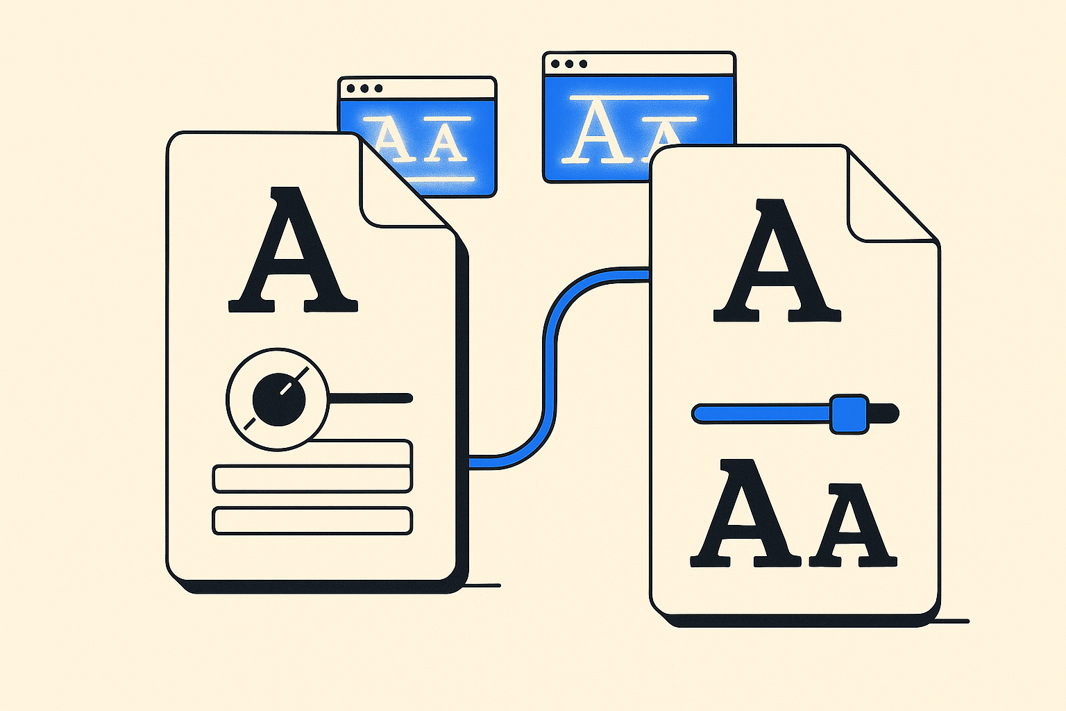 Isometric illustration comparing a multi-file static font stack to a single variable font file with a continuous weight slider, set against a cream background with blue accents.