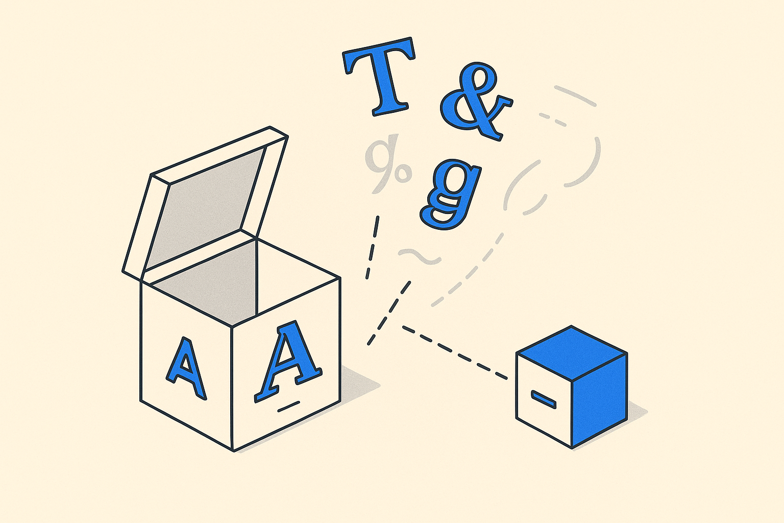 Isometric illustration of a large font file box being sorted, with unused glyphs removed and a smaller optimized file as the result, on a cream background with blue accents.